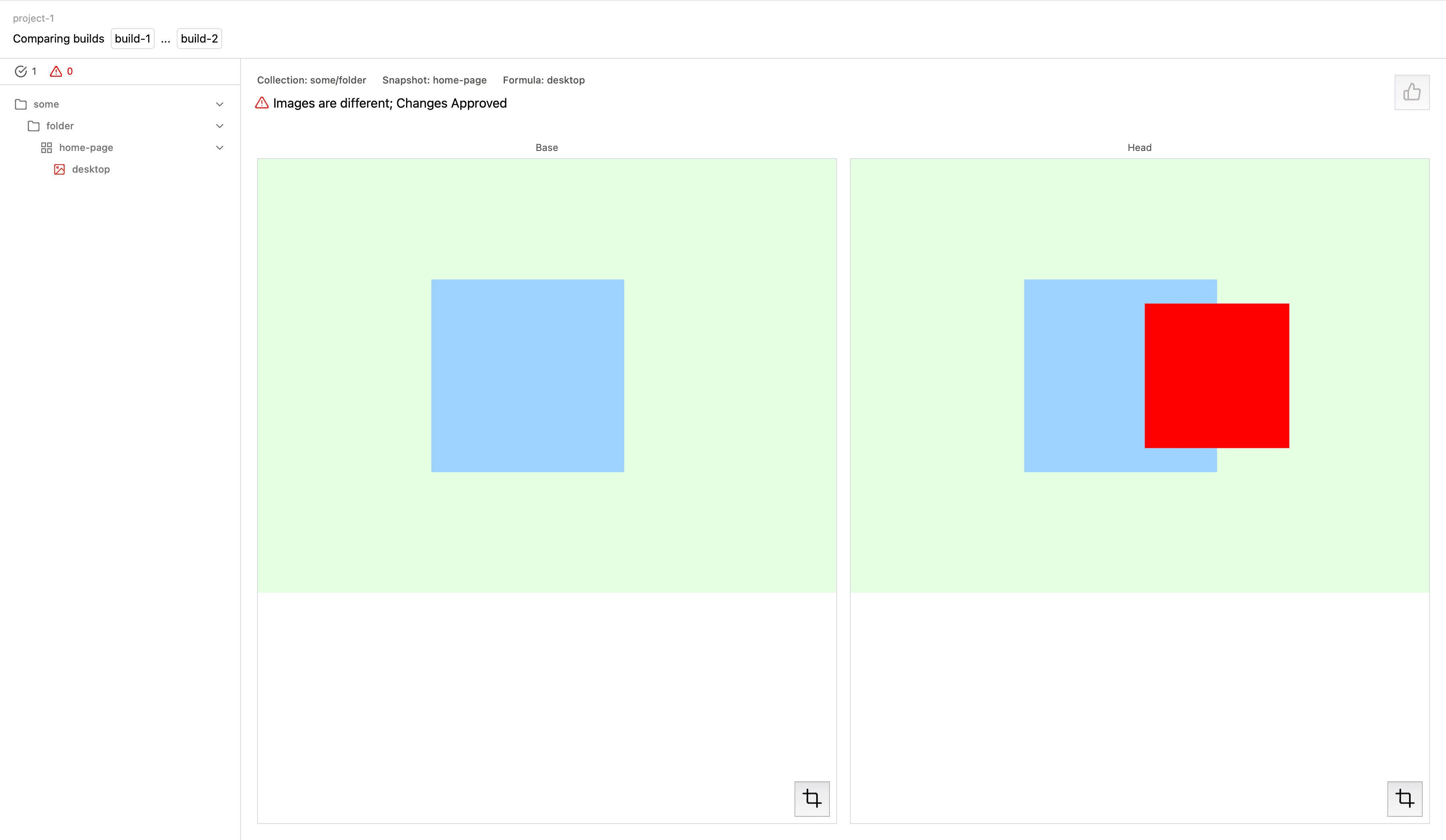 Visual regression testing interface showing side-by-side comparison